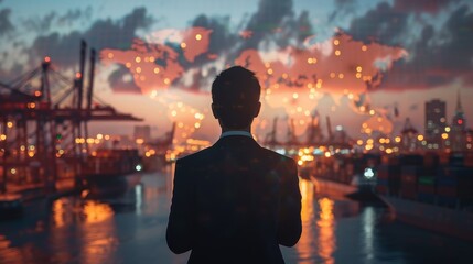 Fototapete - A man in a suit stands on a dock overlooking a city with a globe in the background. Concept of ambition and determination, as the man looks out over the water with a focused gaze