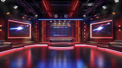 live news studio showcasing the sleek design and glimmering lights that frame the central area