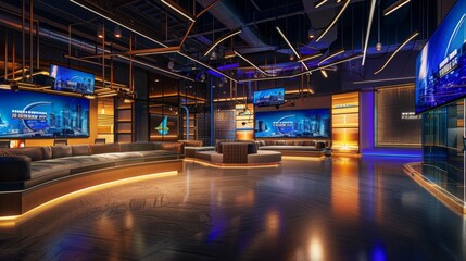 Live news studio showcasing the sleek design and glimmering lights that frame the central area