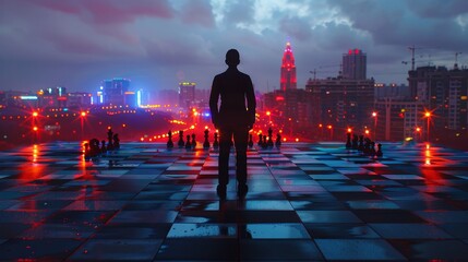 Fototapete - A man stands on a city street looking out over a chess board. The city is lit up with neon lights, creating a moody atmosphere