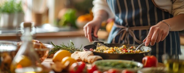 close-up of hands cooking a vibrant vegetable medley in a pan in a sunny home kitchen.