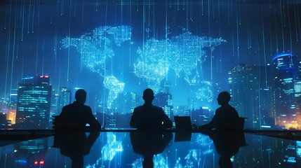 Wall Mural - Three men are sitting at a table looking at a computer screen with a blue background. Concept of focus and concentration as the men are likely working on a project or discussing important matters