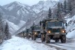 A convoy of military supply trucks on a snowy mountain road, navigating treacherous conditions
