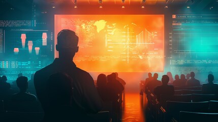 Fototapete - A man is watching a projection screen with a group of people in the background. The projection screen is displaying a map of the world with various data points. Scene is one of curiosity