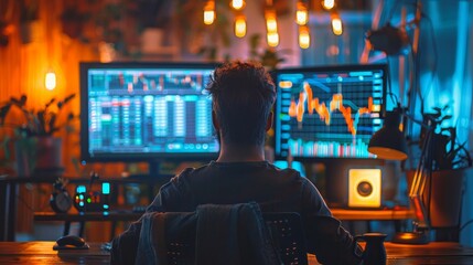 Wall Mural - A man is sitting in front of two computer monitors, one of which is displaying a stock market graph. The room is dimly lit, with a few potted plants scattered around. The man is focused on his work