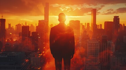 Fototapete - A man stands in the middle of a city at sunset. The city is lit up with the sun setting in the background. The man is wearing a suit and he is looking up at the sky