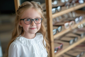 Canvas Print - Little girl in optical store trying on new glasses