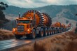 A convoy of oversized load trucks transporting a massive piece of industrial machinery down a winding country road