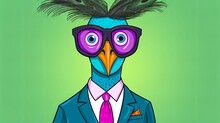 A Captivating Peacock In A Striking Suit, Showcasing His Vibrant Feathers As He Stares Intently At The Camera, Cartoon Minimal Cute Flat Design