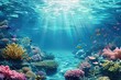 © Artwork Vector - Underwater Paradise: Coral Reefs Teeming with Tropical Fish, Ocean Beauty Illuminated by Sun Rays