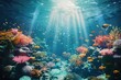 Underwater Paradise: Coral Reefs Teeming with Tropical Fish, Ocean Beauty Illuminated by Sun Rays