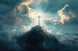 Spiritual Serenity: Cross on a Mountain Top Shining Under Celestial Rays