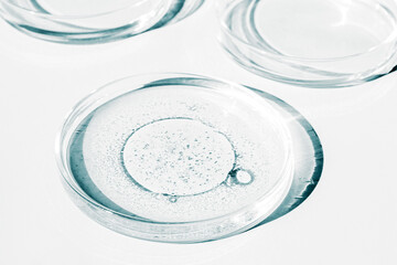 Wall Mural - Petri dish. Petri's cup with liquid. Chemical elements, oil, cosmetics. Gel, water, molecules, viruses. Close-up. On a white background.