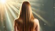  A woman's long, straight backside hair against a radiant backdrop of bright light beams