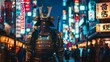 Japanese samurai, in full armor, standing against the backdrop of a noisy night market in a modern Japanese metropolis