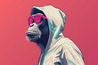 A bored-looking monkey in a colorful hoodie and neon sunglasses, illustrated in a flat 2D vector style with a touch of surrealism.