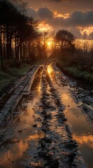 Wall Mural - Sunset, muddy road in no man's land, superb photographic composition,  illustration made with Generative Ai
