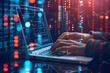 hacker with laptop technology, binary code digital interface