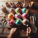 Fototapeta Łazienka - Delight in a selection of vibrant gourmet flavors of Italian ice cream, elegantly presented in individual plastic tubs atop an old rustic wooden table in an inviting ice cream parlor