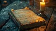 A candle is lit next to an old book. The book is open to a page with a lot of writing on it. The candle's light casts a warm glow on the book, making the writing appear more prominent and inviting