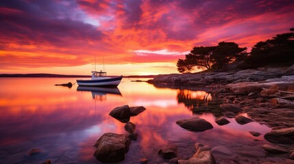 sunset on the beach with motorboat