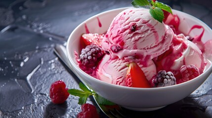 Sticker - Delicious Berry Ice Cream in White Bowl, Perfect for a Hot Day. Mouthwatering Dessert Image. Ideal for Summer Ads. High-Quality Food Photography. AI