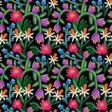 Fototapeta Pokój dzieciecy - Various colorful flowers, leaves. Hand drawn floral illustration. Square seamless Pattern. Repeating design element for printing. Template for fabrics, summer textiles, wallpaper, clothes