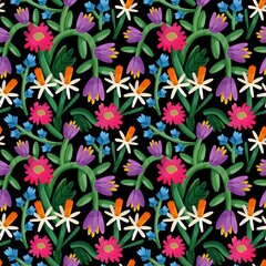 Wall Mural - Various colorful flowers, leaves. Hand drawn floral illustration. Square seamless Pattern. Repeating design element for printing. Template for fabrics, summer textiles, wallpaper, clothes