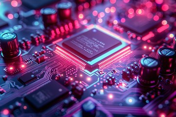 Poster - Dark background, blue and purple gradient color light shining on the chip board