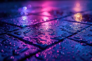 Wall Mural - The image is of a wet sidewalk with a purple hue