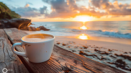 Wall Mural - a front selective focus picture of a white coffee cup beside public beach in the south of Thailand