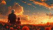 Grandfather and granddaughter in poppy field at sunset. Nature background.