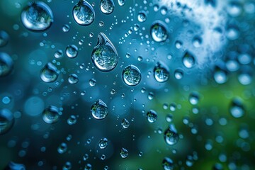 Wall Mural - close up of raindrops on window, light blue sky background