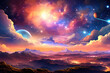 Generative AI, Beautiful stunning landscape with a colorful night sky filled with stars and nebulae, emanating from stars that sparkle like diamonds, a beautiful sunset s, cool anime landscape