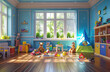 Sunlit children's playroom with tent and toys. Vibrant 3D illustration of a cozy indoor play area