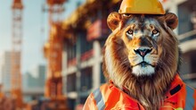 An Image Of Unparalleled Realism And Detail Presents A Lion, The King Of Beasts, Wearing A Bright Safety Jacket And Helmet, Positioned Before A Construction Site Blurred For Emphasis.