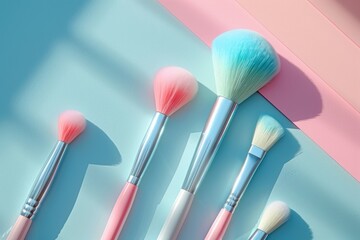 A row of makeup brushes with a blue and pink handle