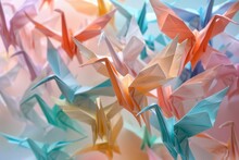A Flock Of Colorful Origami Birds Flying In The Air