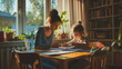 Caring woman helps a young girl with homework in a sunlit room, surrounded by plants and colorful pencils, creating a warm educational setting