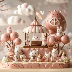 A 3D model of a cute chocolate festival parade with floats and characters