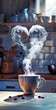 The love of coffee. A cup of steaming coffee, The steam is heart-shaped against a kitchen background