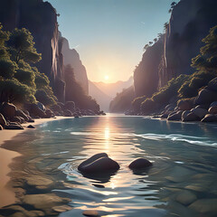 Poster - sunset over the mountain river, stones on the river bank