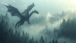 A majestic dragon soars gracefully out of a mist-enshrouded cavern, its wings beating powerfully against the ethereal backdrop of the enchanted forest.