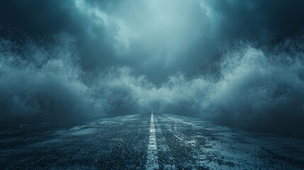 eerie atmosphere on a deserted road, with a deep blue hue and foggy mountain backdrop, creating a ch