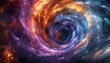 Abstract digital backdrop featuring multicolored vortex energy, cosmic spiral waves, and a dimensional portal
