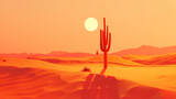Fototapeta  - Minimalist desert at high noon, single cactus silhouette, heat waves visual, 3D art style