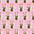Maneki neko Cats. Lucky symbol. Japanese lucky welcoming cat doll, porcelain kitten. Hand drawn illustration. Square seamless Pattern. Pink background. Repeating design element for printing