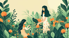 A Flat Illustration Of A Mother And Daughter Planting Trees, Surrounded By Plants With Green Leaves And Orange Fruits.