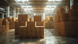 Cardboard boxes stacked in a spacious warehouse