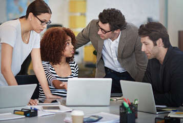 Poster - International people, laptop and project management in workspace for strategy, business and content creation. Workforce, men and women in office for company, partnership and discussion with staff